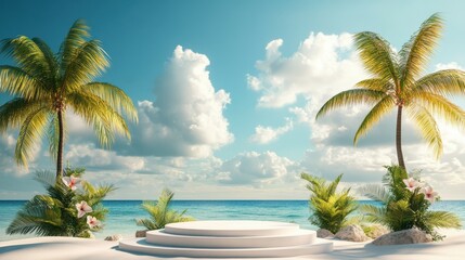 Fototapeta premium 3d podium with copy space for product display presentation on palm beach and blue sky background. Tropical summer and vacation concept.****