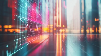 Futuristic financial district cityscape with glowing stock market graph overlay, symbolizing digital economy and urban technological advancement.
