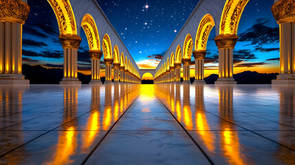 Obraz premium A stunning architectural corridor illuminated by golden arches, reflecting on a glossy floor under a starry sky at dusk.