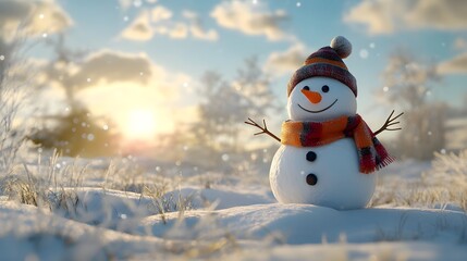 Obraz premium A cheerful snowman wearing a scarf and hat, with a carrot nose and stick arms, standing in a snowy field, copy space