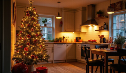 Fototapeta premium warm cozy atmosphere created festive kitchen scene featuring christmas tree twinkling lights