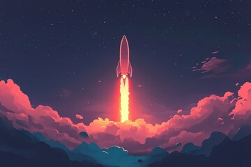 Fototapeta premium Rocket launches into the night sky, illuminating clouds with fiery exhaust