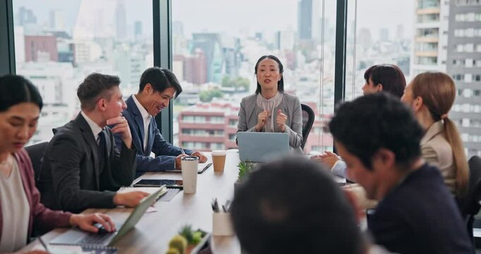 Business people, laptop and collaboration in office for project, planning and development in Japan. Team, manager and communication in workplace for stakeholder report, proposal and brainstorming