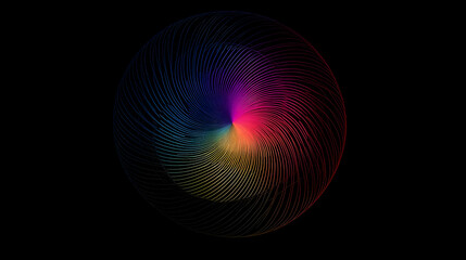 A minimalistic abstract with a single concentric spiral in radiant tones of purple, yellow, and blue against a dark background, forming a glowing focal point.