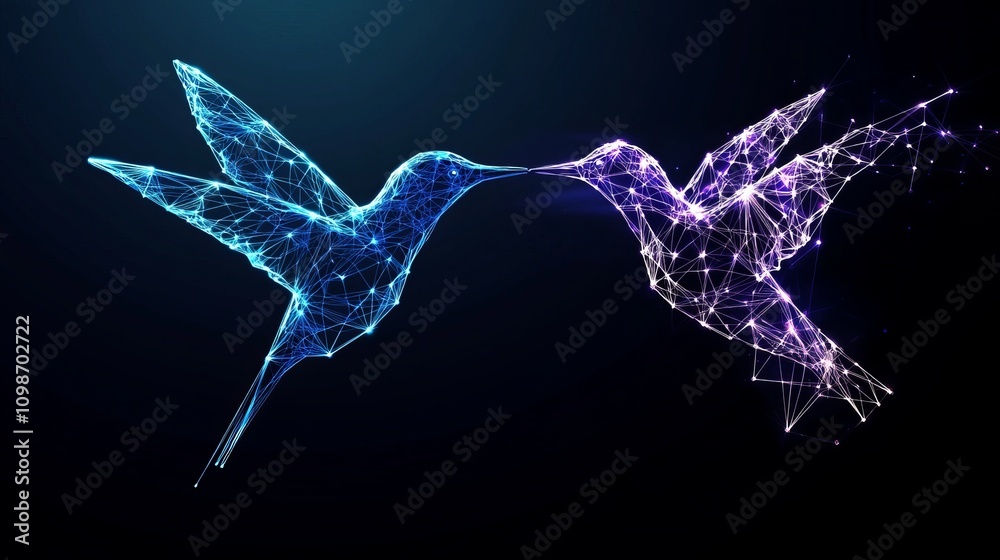 Wall mural geometric low poly design of two hummingbirds with connecting point networks a vector concept