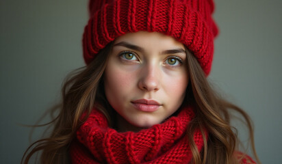 young woman wears red knit hat scarf portrait painting