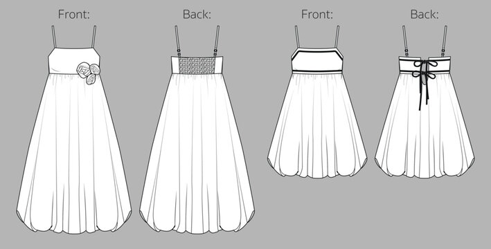 Vector midi bubble hem dress fashion CAD, balloon woman skirt with shoulder stripes, flowers detail sketch, template, flat, technical drawing. Woven fabric 2 pcs set of dress with front, back view