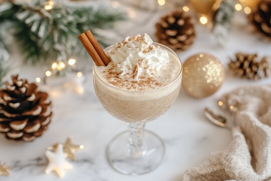 national coquito day, festive coquito cocktail served in a clear glass, topped with whipped cream, a cinnamon stick, and a sprinkle of nutmeg, surrounded by holiday decorations ,December 21