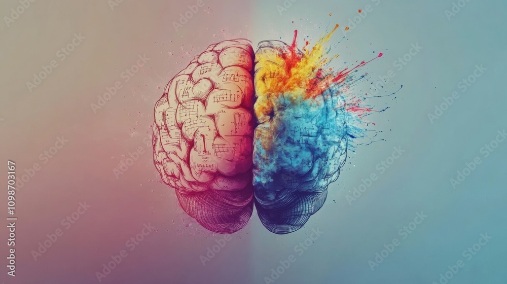 Fototapete a vibrant brain illustration split into two halves, one side reflecting cool colors representing cre