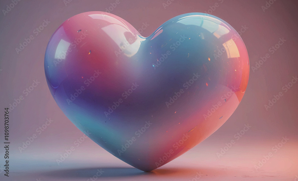 Poster a heart made of glass is sitting on a table. the heart is multicolored and has a shiny, reflective s