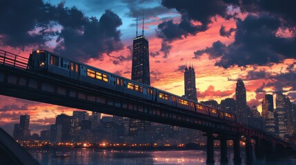 Naklejka premium A sleek train races over an elevated bridge, revealing the stunning Chicago skyline in the background as the sun sets, painting the sky with vibrant colors