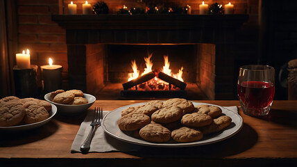 Naklejka premium Cozy Christmas scene cookies, fireplace, and warm drink.