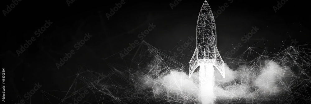 Poster Rocket launch depicted with polygonal wireframe design symbolizes innovation in technology and the future of space exploration. Generative AI