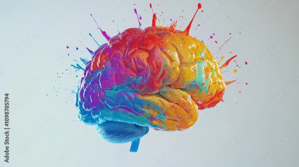 Leinwandbilder A brain covered in vivid paint splashes showcases creativity and imagination, reflecting artistic expression in a lively and unique manner. Generative AI