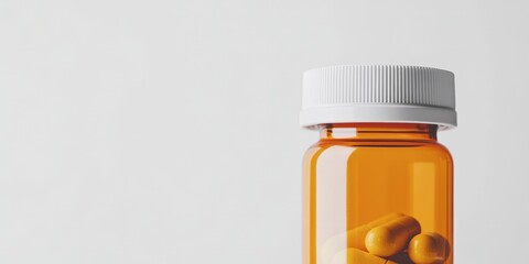 Amber Pill Bottle with Yellow Capsules Close-up. Copy Space