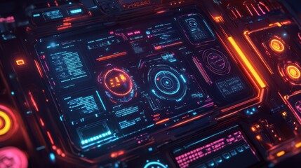 Obraz premium A vibrant, futuristic HUD interface with intricate designs and neon colors, illustrating advanced technology.