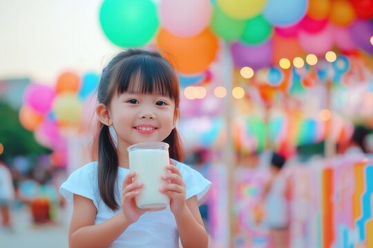 A Delightful Child is Happily Enjoying a Drink While at a Colorful and Lively Festival. National Milk Day, World Milk Day, dairy products, Cultural Significance of Milk