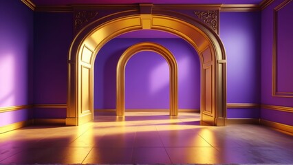 Fototapeta premium Vibrant purple and gold interior with sunlit arches