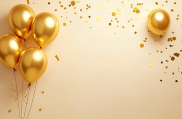 Beige background with scattered confetti and golden balloons. Banner for holiday party or greeting card with copy space for text