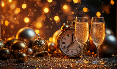 A pair of champagne glasses sit on a table next to a clock