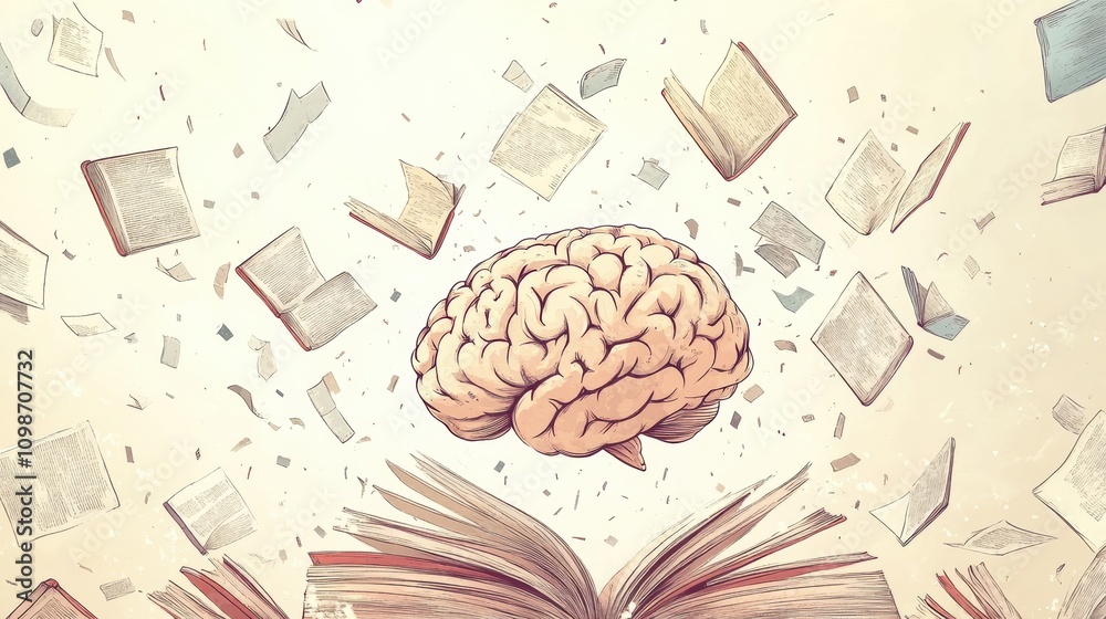 Poster a brain is depicted amidst open books and flying pages, symbolizing the essence of knowledge and the