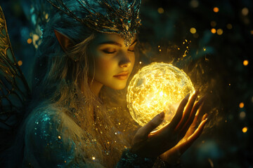 Naklejka premium Elf Holding Glowing Orb of Light