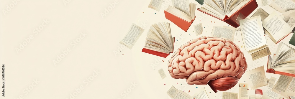Aufkleber A brain hovers at the center as pages from various open books flutter around, illustrating the dynamic nature of knowledge and learning. Generative AI