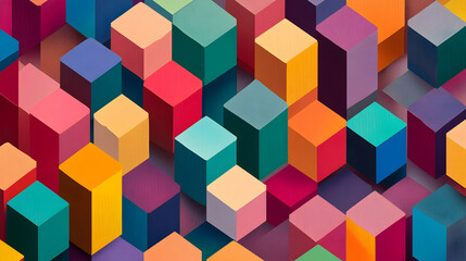 Obraz premium A colorful abstract featuring vibrant 3D cubes in shades of red, blue, orange, and green, arranged in a geometric grid.