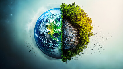 Fototapeta premium Earth divided in half – one side lush with forests, the other side disintegrating, symbolizing environmental destruction and climate crisis