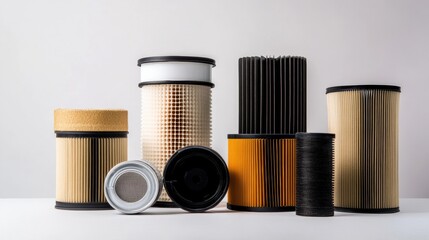 Various car filters are arranged neatly, showcasing oil, air, and fuel filters on a light background for easy identification and comparison. Generative AI