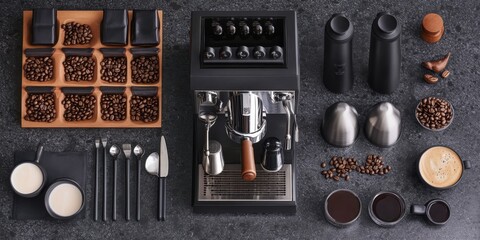 A barista using a manual espresso machine to create a rich coffee shot, beans and brewing tools arranged neatly on the counter