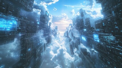 Obraz premium AI and technology cloud computing for transmitting, storing, and backing up data. Concept for a futuristic business network.