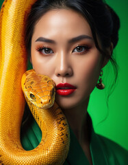 Portrait of an Asian woman draped in a golden snake against a vivid green backdrop. Rich contrast of warm tones and striking emerald accents. Luxurious, exotic composition. 2025 Lunar New of the Snake