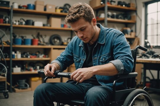 Young disabled man repairing wheelchair at workshop