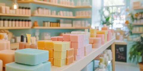 A boutique specializing in handmade soaps and skincare products, pastel-colored bars and bottles displayed in a bright and airy space