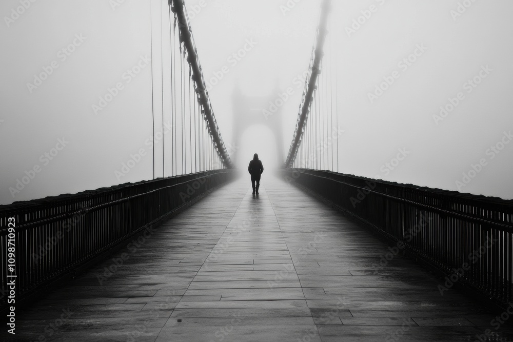 Aufkleber A lone person traverses a distant bridge engulfed in thick fog, creating an atmosphere of solitude and mystery in the early morning. Generative AI