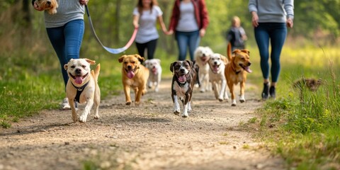 A charity pet walk hosted by a local pet supply store, participants walking happy dogs along a scenic trail for a good cause