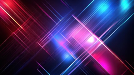 Obraz premium Abstract colorful neon background. Rounded lines, glowing with red pink blue light, backdrop of metal strips. Ultraviolet spectrum. Cyber space