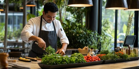 A chef chopping fresh herbs in an open kitchen, a restaurant table set with farm-fresh ingredients and natural lighting
