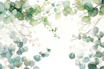 Obraz premium Eucalyptus branch with green leaves and yellow buds in botanical watercolor style. Detailed realistic illustration for design and print. Generative AI
