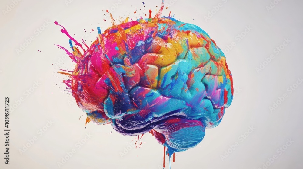 Aufkleber a brain is uniquely adorned with bright paint strokes and splashes, symbolizing creativity and imagi