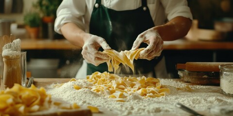 A chef preparing handmade pasta in a cozy Italian restaurant kitchen, flour and rolling pins creating an authentic, rustic vibe
