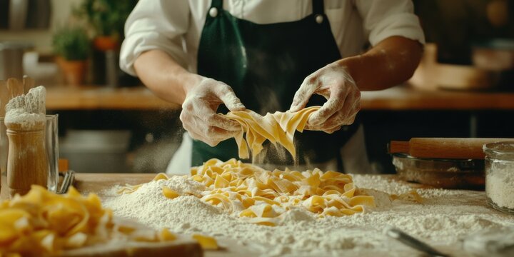 A chef preparing handmade pasta in a cozy Italian restaurant kitchen, flour and rolling pins creating an authentic, rustic vibe
