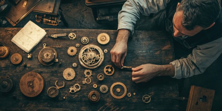 A clockmaker assembling gears into a vintage timepiece, tiny mechanical parts meticulously aligned on a dark wood table