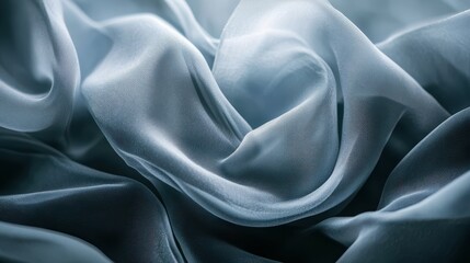 Obraz premium Abstract fashion background in muted blue-gray tones. Close-up of folded layers of fabric or paper. Wavy ribbons flutter in the dark, highlighted with bright studio light