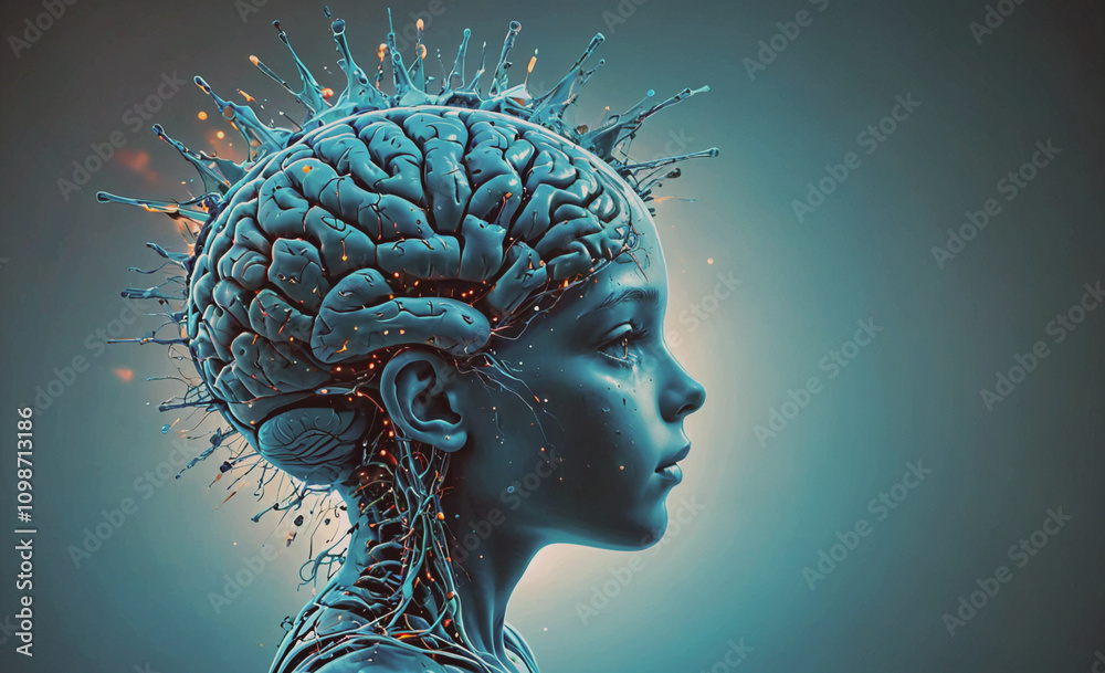Poster a girl's head with a brain on it. the brain is surrounded by a lot of sparks