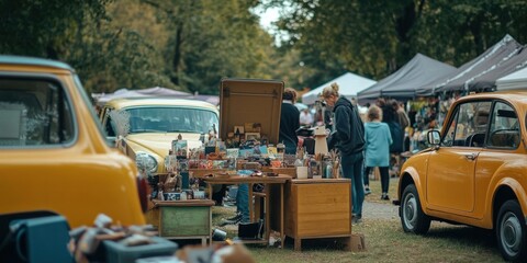 A community-run car boot sale with small businesses participating, cars with open trunks displaying handmade and second-hand goods