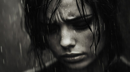 Fototapeta premium A young woman stands in the rain with a serious expression and droplets on her face, capturing a moment of intensity and emotion