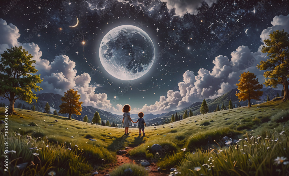 Poster A child and a small child are walking in a field under a large moon. The sky is cloudy and the moon is bright