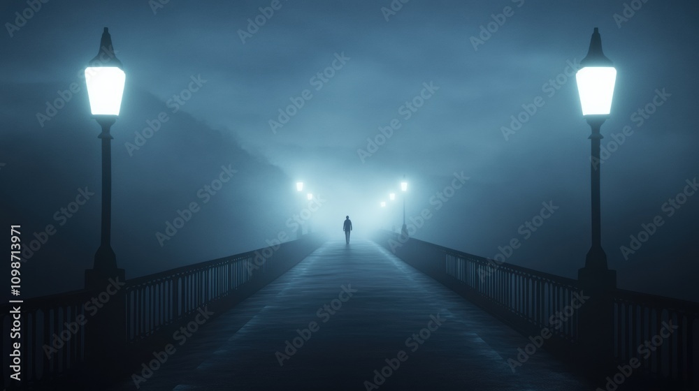 Fototapete a lone person strolls along an empty bridge shrouded in fog while distant street lamps cast a soft g